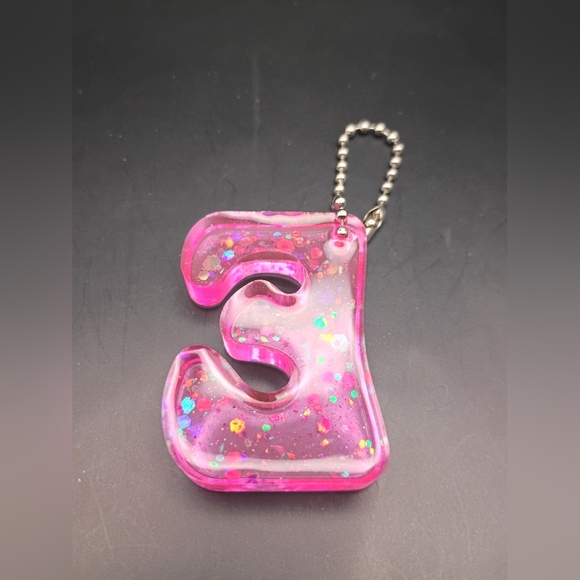 Neon Pink Glitter Resin "E" Keychain | Handmade Accessory - Picture 2 of 3